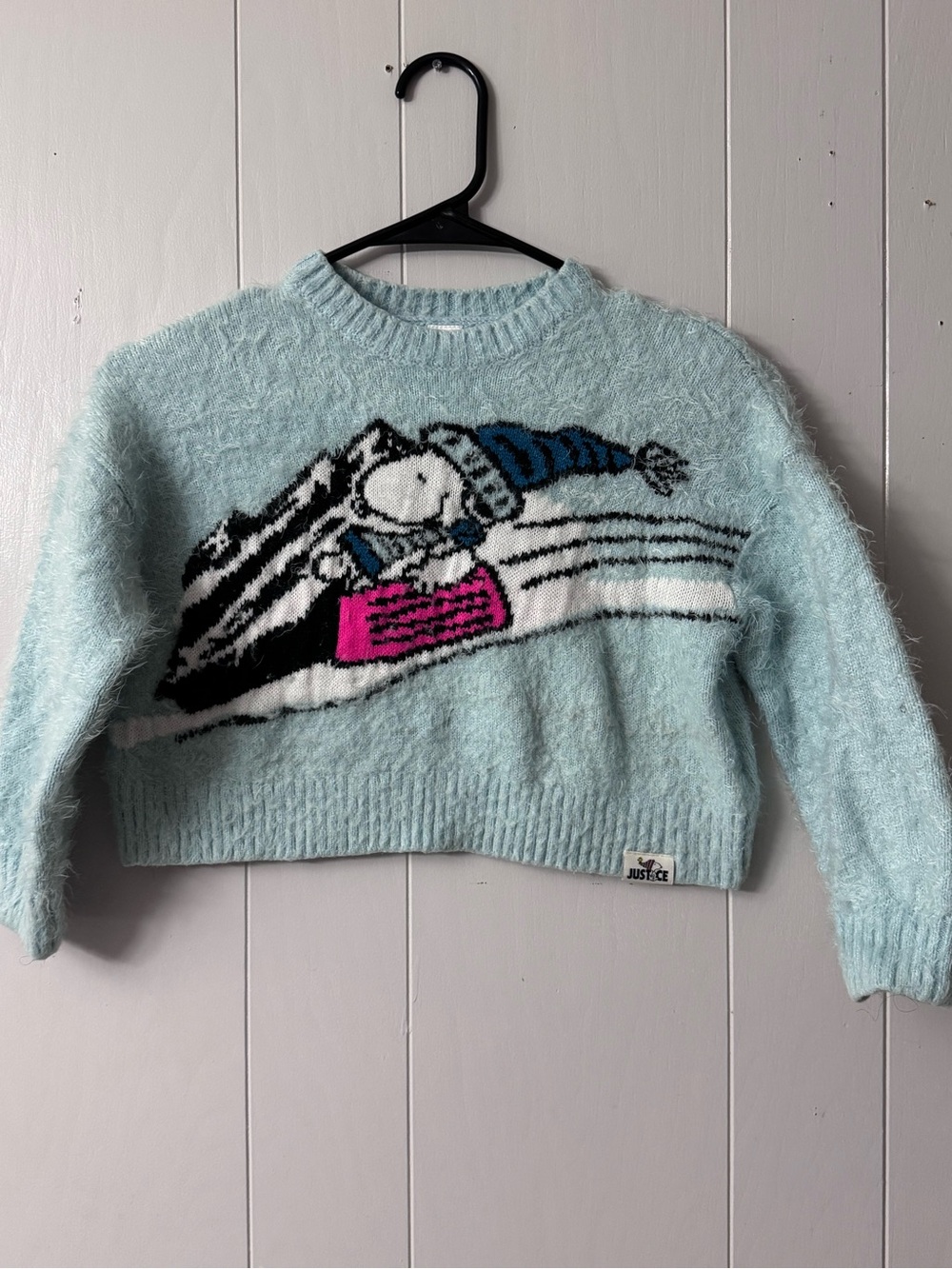 Justice Light Blue Fuzzy Cropped Sweater with Pink & Blue Graphic